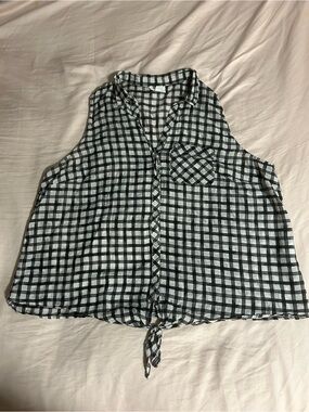 J. Jill Black and White Check Cotton Silk Blend Tie-Front Tank Size XL